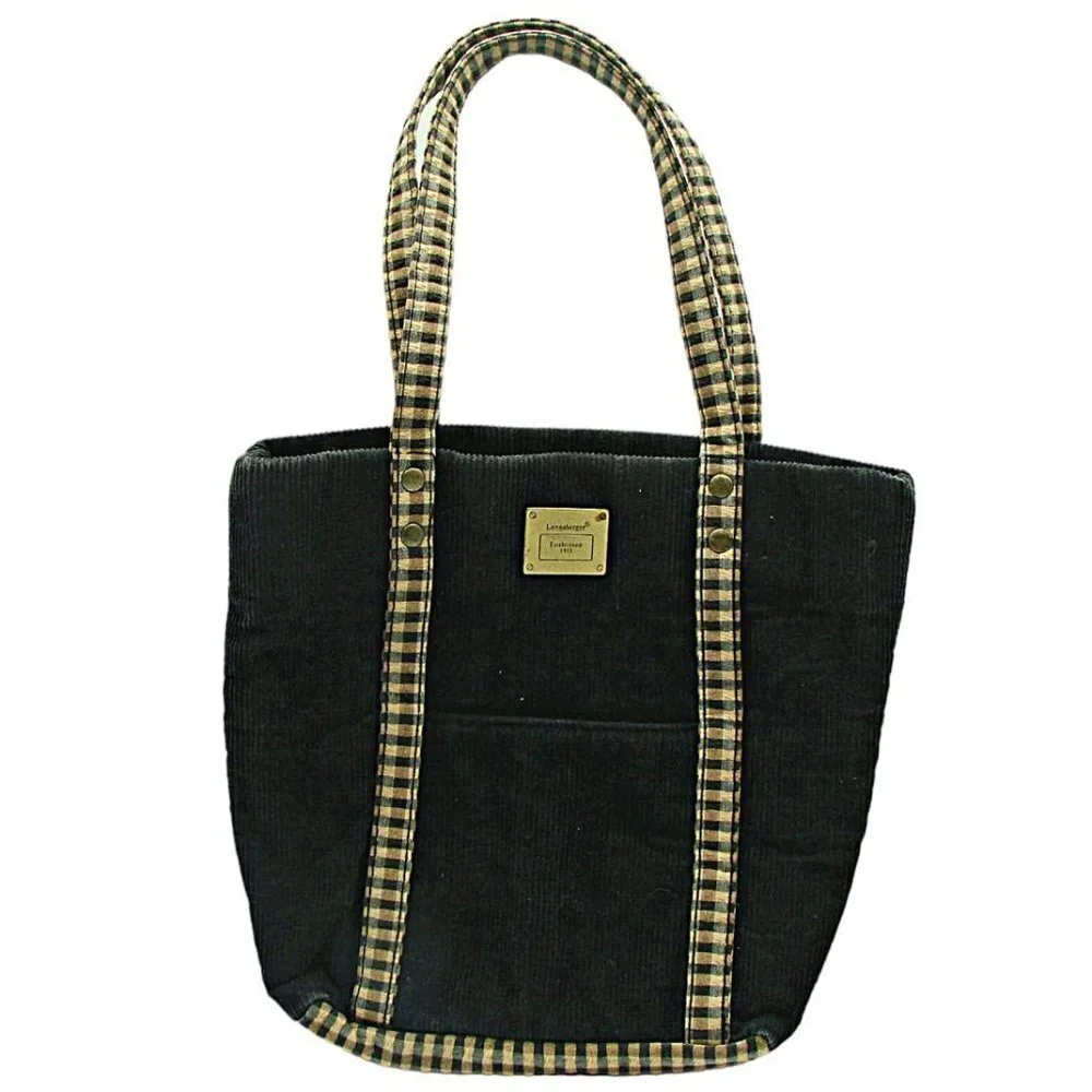 Longaberger Corduroy Plaid Tote Bag Purse Black Tan Khaki Check Homestead 9.5x10